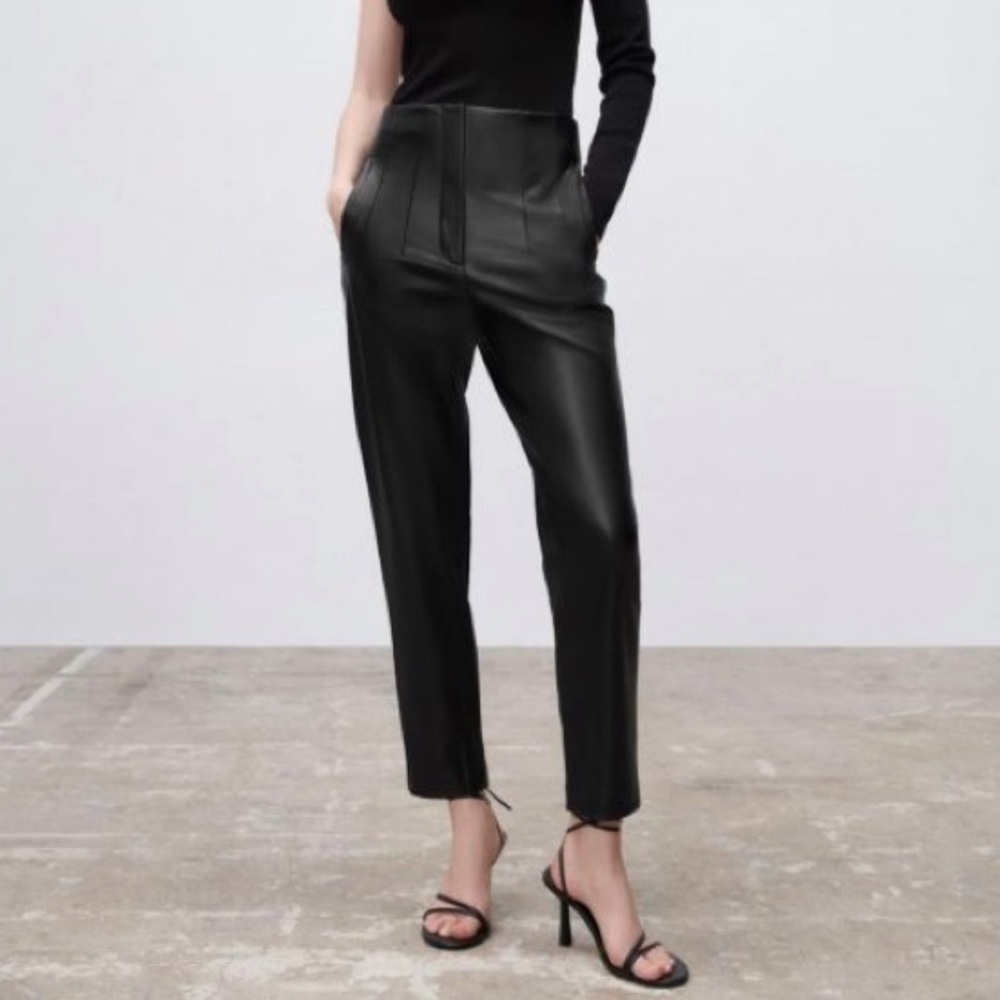 Zara Black High-Waisted Tailored Leather Pants